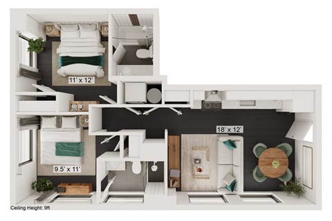 Floor plan for 2 beds, 2 baths, 664 sqft